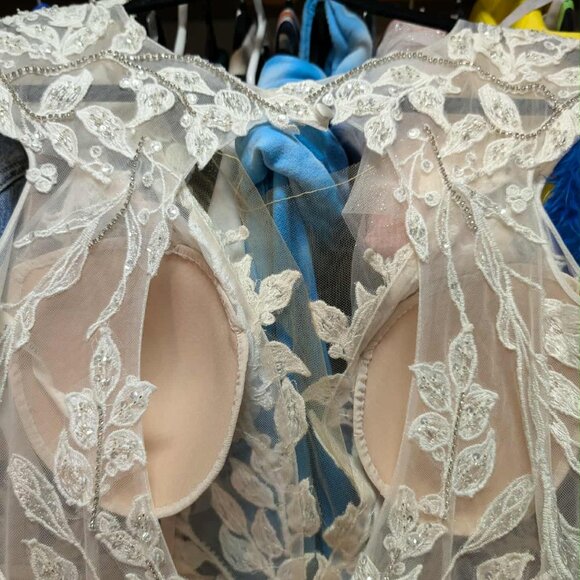 David’s Bridal Illusion Cap Sleeve Lace Wedding Dress Size 14 Ivory/Cashmere - Picture 10 of 16